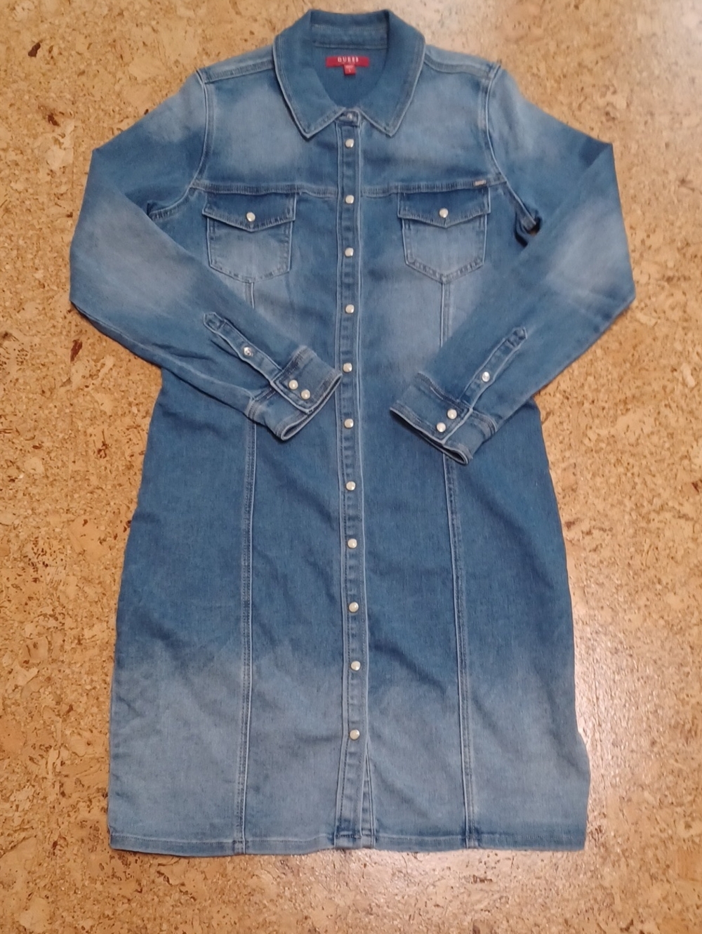 Guess Blue Denim Long Sleeve Snap Button Down Shirt Dress Size L